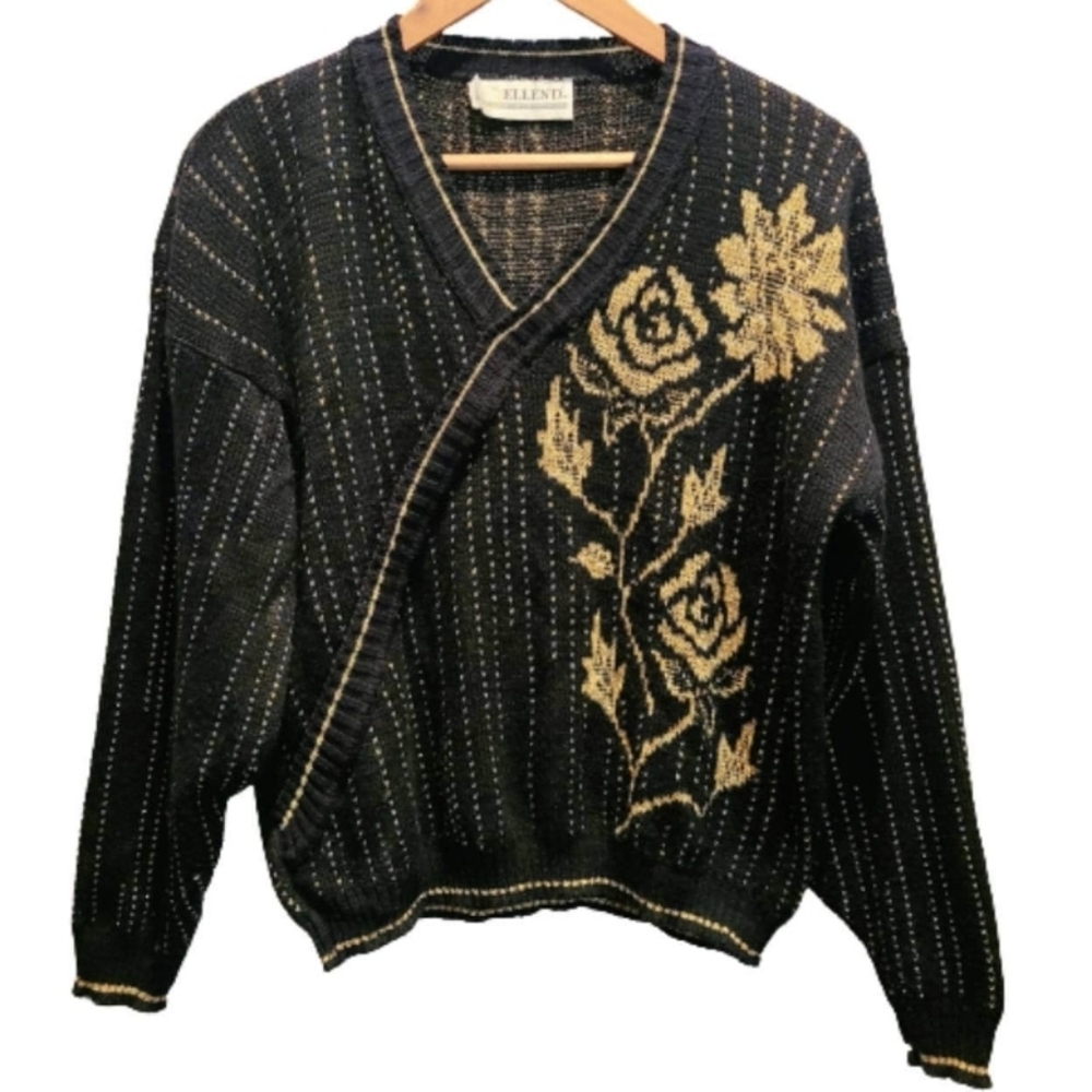 Retro Ellen D Metallic Gold & Black Floral Surplice Sweater‎ Medium